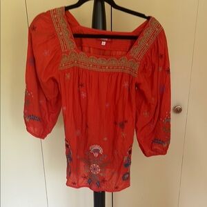 Johnny Was Red and Cream Embellished Puff Sleeve Blouse